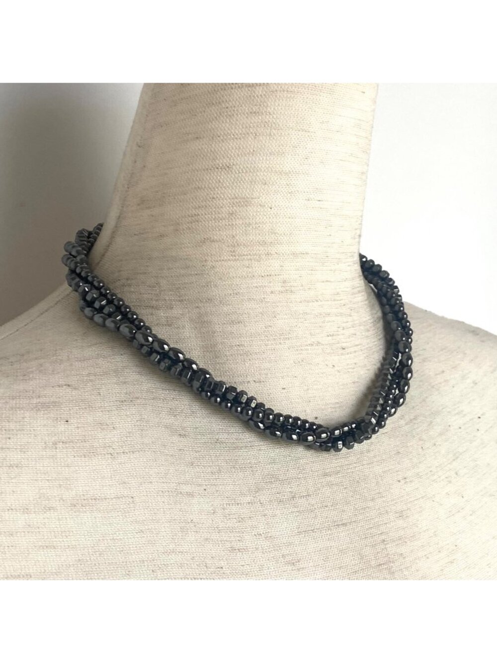 Sterling Silver 925 Triple Strand Hematite Beaded Necklace 17" Toggle Clasp
